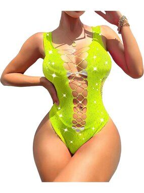 Women's Green Casual Sparkle Rhinestone Fishnet Sleeveless Lingerie Sets